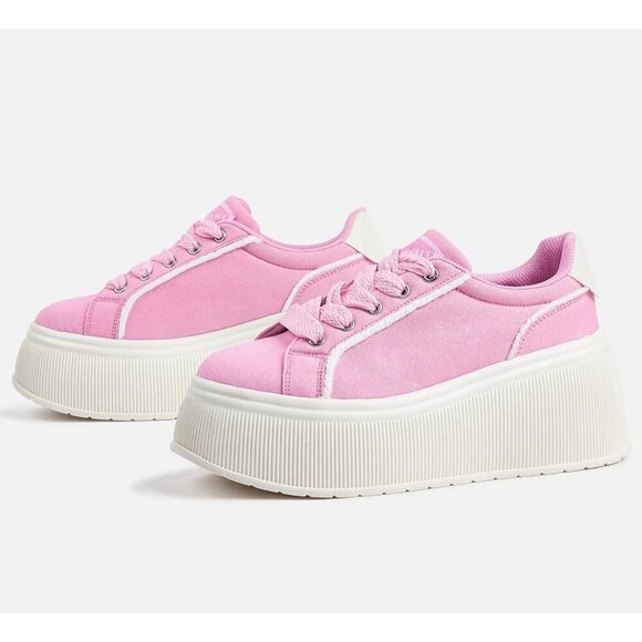 Lucky Step Women Pink Platform Low Top Classic Wedge Retro Canvas Sneakers - Picture 5 of 9